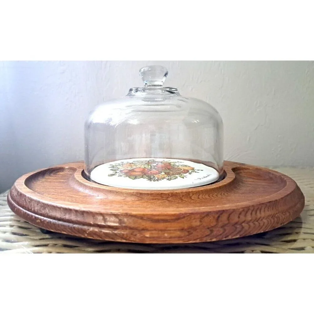 MCM VTG Wood Cheese Board Glass Dome Tray Charcuterie Spice of Life Pattern